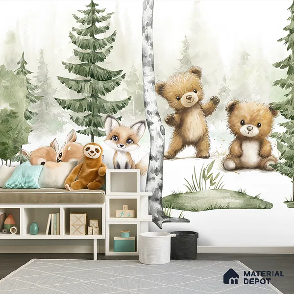 Gentle Side of the Woods Teddy And Deer In Snowy Landscape | WP 04045 B Non Woven Matte Finish Animal Print Style Premium Customized size Wallpaper | 150 GSM WP01MTF Paper | (MOQ = 30 Sq. Ft.) | Design change not possible