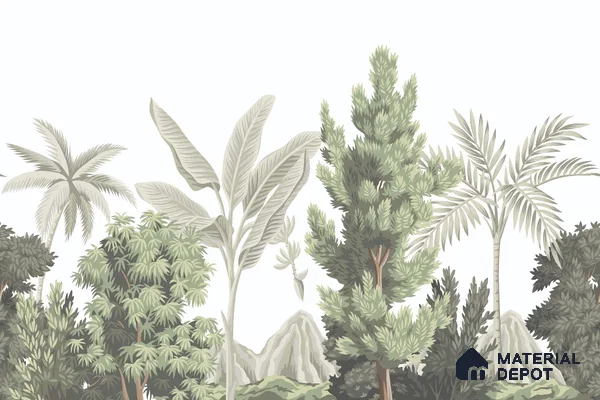 Misty Tropical Silhouettes Nature Art | WP 03993 Non Woven Matte Finish Tropical Style Premium Customized size Wallpaper | 150 GSM WP01MTF Paper | (MOQ = 30 Sq. Ft.)
