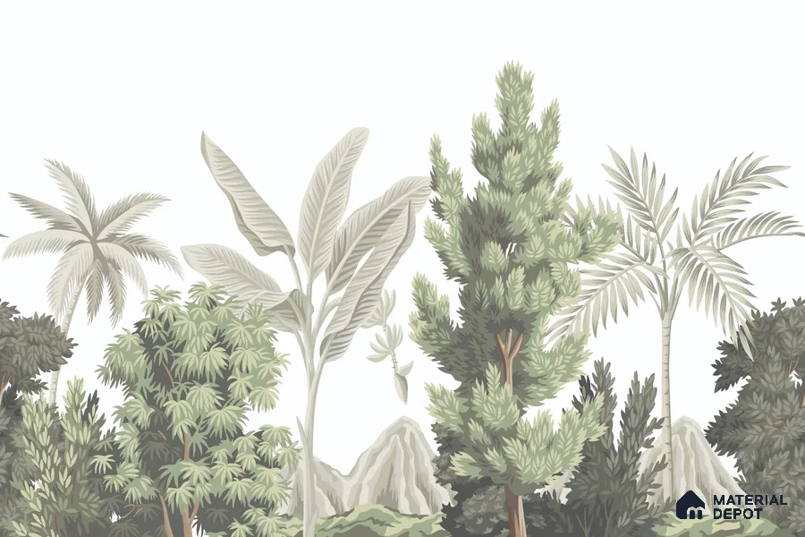 Misty Tropical Silhouettes Nature Art | WP 03993 Non Woven Matte Finish Tropical Style Premium Customized size Wallpaper | 150 GSM WP01MTF Paper | (MOQ = 30 Sq. Ft.)