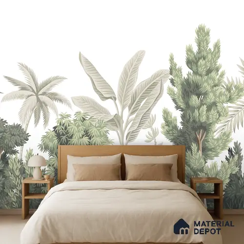 Misty Tropical Silhouettes Nature Art | WP 03993 B Canvas Texture Finish Tropical Style luxurious Customized size Wallpaper | 250 GSM WP01CNF Paper | (MOQ = 30 Sq. Ft.)