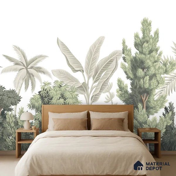 Misty Tropical Silhouettes Nature Art | WP 03993 B Canvas Texture Finish Tropical Style luxurious Customized size Wallpaper | 250 GSM WP01CNF Paper | (MOQ = 30 Sq. Ft.)