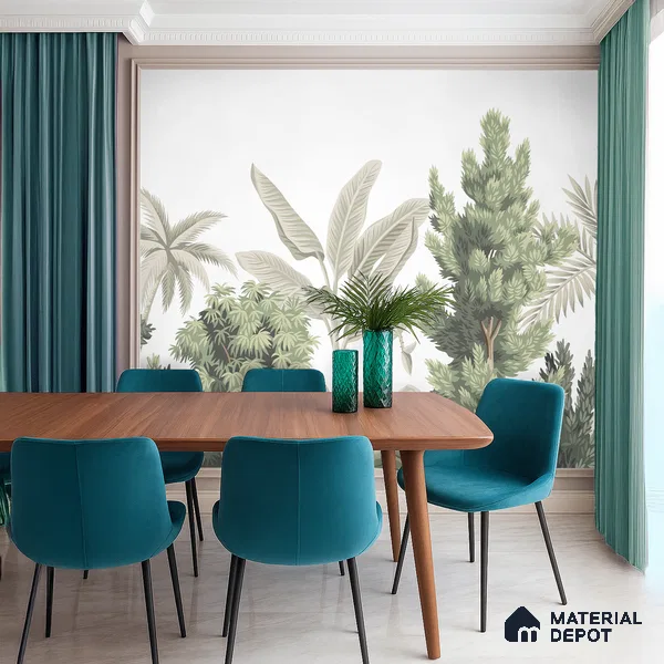 Misty Tropical Silhouettes Nature Art | WP 03993 B Canvas Texture Finish Tropical Style luxurious Customized size Wallpaper | 250 GSM WP01CNF Paper | (MOQ = 30 Sq. Ft.)