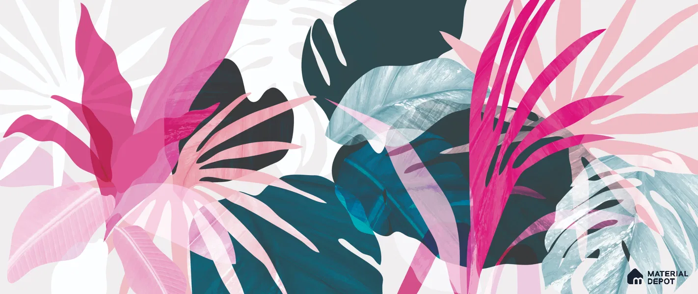 Pink Teal Modern Botanical Leaf Abstract Nature Art | WP 03921 Non Woven Matte Finish Tropical Style Premium Customized size Wallpaper | 150 GSM WP01MTF Paper | (MOQ = 30 Sq. Ft.)