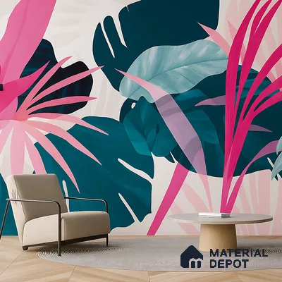 Pink Teal Modern Botanical Leaf Abstract Nature Art | WP 03921 B Canvas Texture Finish Tropical Style luxurious Customized size Wallpaper | 250 GSM WP01CNF Paper | (MOQ = 30 Sq. Ft.)