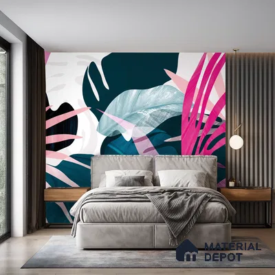 Pink Teal Modern Botanical Leaf Abstract Nature Art | WP 03921 B Canvas Texture Finish Tropical Style luxurious Customized size Wallpaper | 250 GSM WP01CNF Paper | (MOQ = 30 Sq. Ft.)