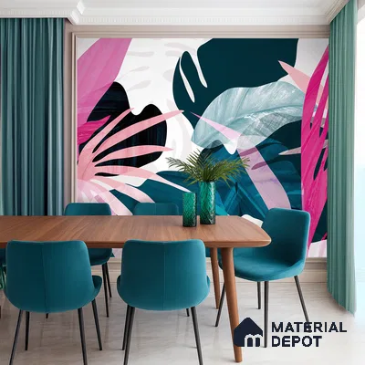 Pink Teal Modern Botanical Leaf Abstract Nature Art | WP 03921 B Canvas Texture Finish Tropical Style luxurious Customized size Wallpaper | 250 GSM WP01CNF Paper | (MOQ = 30 Sq. Ft.)
