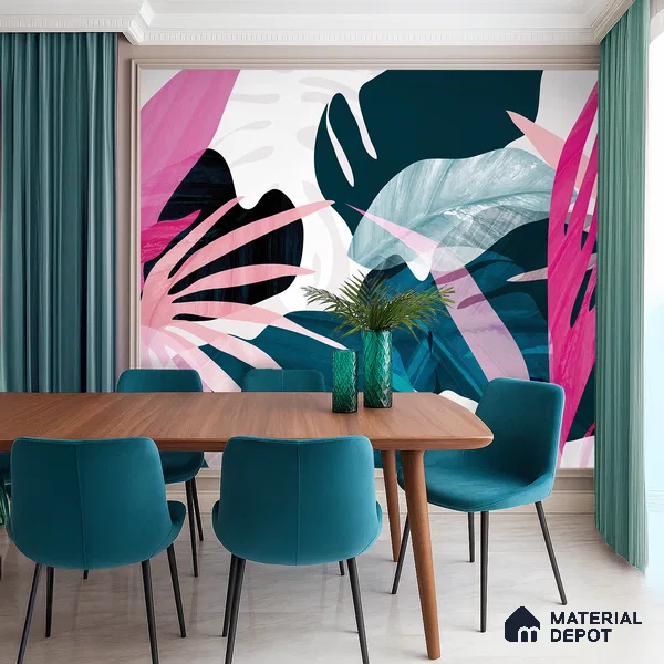 Pink Teal Modern Botanical Leaf Abstract Nature Art | WP 03921 B Canvas Texture Finish Tropical Style luxurious Customized size Wallpaper | 250 GSM WP01CNF Paper | (MOQ = 30 Sq. Ft.)