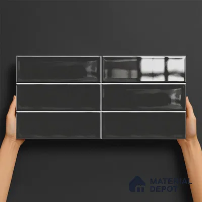 Subway Wall Tile TL 06555 D Messi Black 2 ft x 1 ft Ceramic Glossy Finish - 8 mm | Suitable for Kitchen & Bathroom | Please Expect a Slight Variation of Pattern