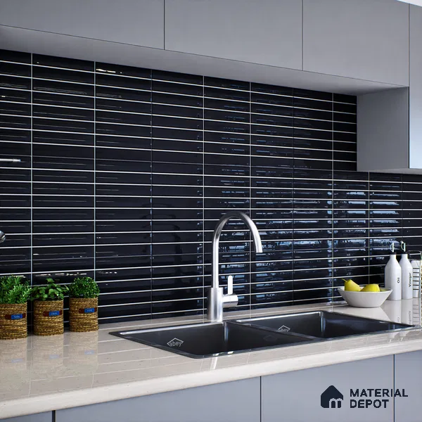 Subway Wall Tile TL 06564 B Wuxi Black 2 ft x 1 ft Ceramic Glossy Finish - 8 mm | Suitable for Kitchen & Bathroom | Please Expect a Slight Variation of Pattern (Sample)