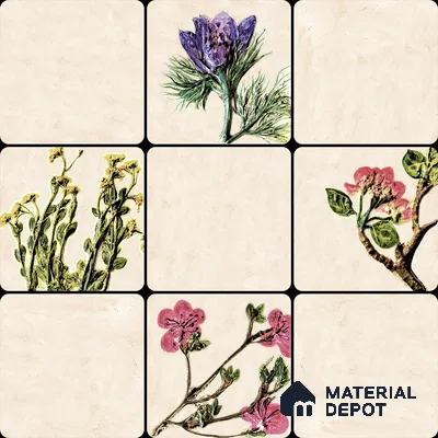 Handmade Third Fired Tile TL 12998 Ivory Wildflower HL & Base Mix  97x97 mm Debossed Matte Ceramic Wall English Series Tile - 9 mm | Individual Designs Available