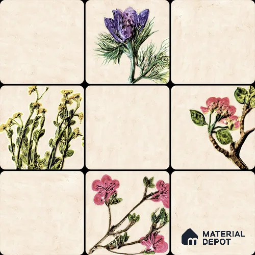 Handmade Third Fired Tile TL 12998 Ivory Wildflower HL & Base Mix  97x97 mm Debossed Matte Ceramic Wall English Series Tile - 9 mm | Individual Designs Available