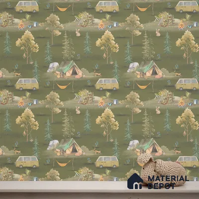 Wildlife Campout in the Jungle, Design for Kids, Green 10 Meter x 19.68 Inches Soft Feel Paper Type Wallpaper -54 Sq. Ft. | Minimum 15% wastage during installation