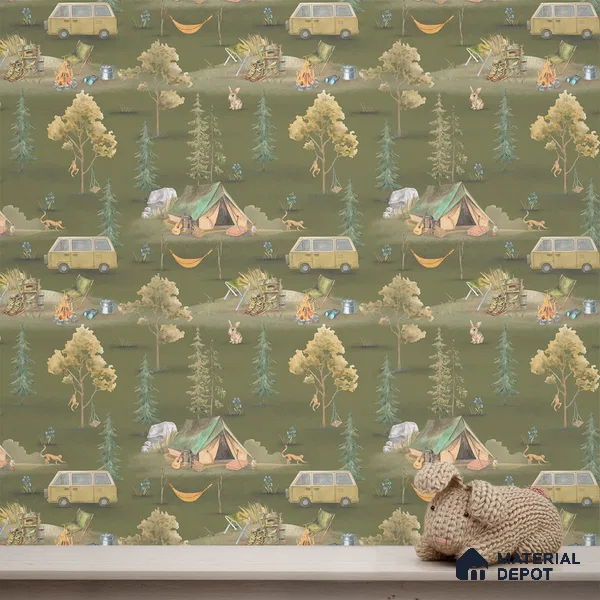 Wildlife Campout in the Jungle, Design for Kids, Green 10 Meter x 19.68 Inches Soft Feel Paper Type Wallpaper -54 Sq. Ft. | Minimum 15% wastage during installation
