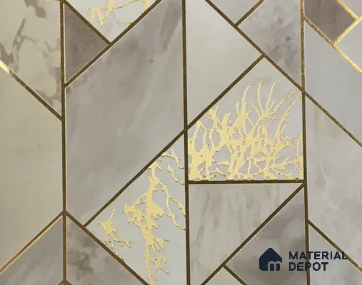 WK15-1502 | Grey Gold Marble Tile Non Woven Geometric Wallpaper - 10 Meter x 21 Inches, 57.41 Sq. Ft. (Min. 15% Wastage)