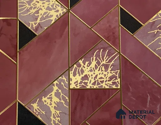 WK15-1503 | Burgundy Gold Marble Tile Non Woven Geometric Wallpaper - 10 Meter x 21 Inches, 57.41 Sq. Ft. (Min. 15% Wastage)