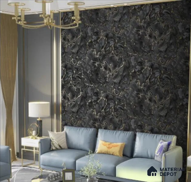 WK21-2101 | Charcoal & Gold Swirl Marble Patterned Wallpaper - 10 Meter x 21 Inches, 57.41 Sq. Ft.