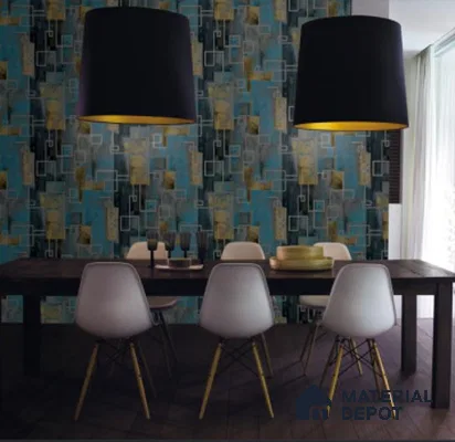 WK21-2108 | Blue & Gold Abstract Patchwork Patterned Wallpaper - 10 Meter x 21 Inches, 57.41 Sq. Ft.