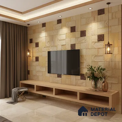 WL 00180 Teak Jewel Cladding Natural Stone Wall Cladding | Set Contains Mixed Sizes of 300x300, 300x150, 150x150 mm | Coverage Area 8 Sq. Ft. |  Stone is a Natural Product, Please Expect Variation in Shades