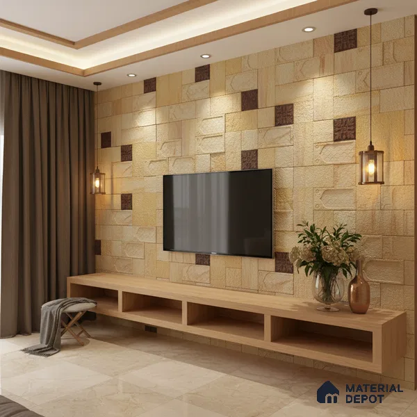 WL 00180 Teak Jewel Cladding Natural Stone Wall Cladding | Set Contains Mixed Sizes of 300x300, 300x150, 150x150 mm | Coverage Area 8 Sq. Ft. |  Stone is a Natural Product, Please Expect Variation in Shades