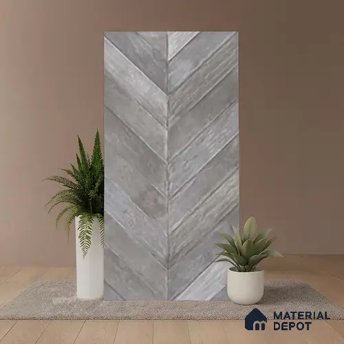 Grey Wood Floor & Wall Tile TL 10309 B Chevron Wave Ash 4 ft x 2 ft Vitrified Carving Matte Finish - 9 mm