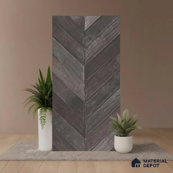 Brown Wood Floor & Wall Tile TL 10309 C  Chevron Wave Coal 4 ft x 2 ft Vitrified Carving Matte Finish - 9 mm