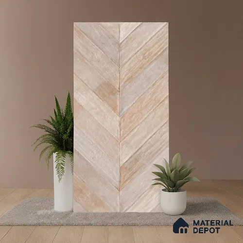 Cream Wood Floor & Wall Tile TL 10309 D  Chevron Wave Sand 4 ft x 2 ft Vitrified Carving Matte Finish - 9 mm