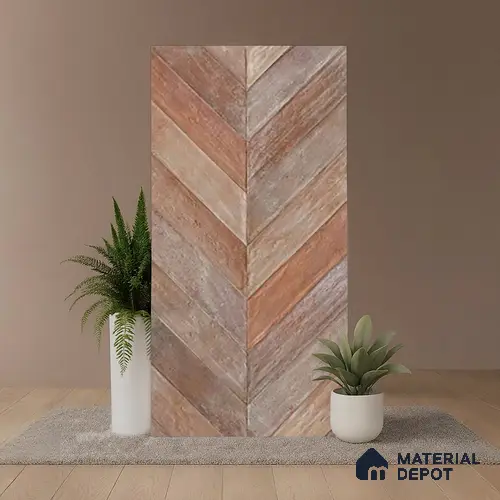 Brown Wood Floor & Wall Tile TL 10309 E  Chevron Wave Cinnamon 4 ft x 2 ft Vitrified Carving Matte Finish - 9 mm