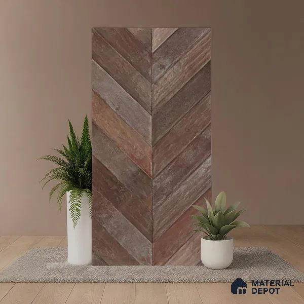 Brown Wood Floor & Wall Tile TL 10309 F Chevron Wave Tobacco 4 ft x 2 ft Vitrified Carving Matte Finish - 9 mm