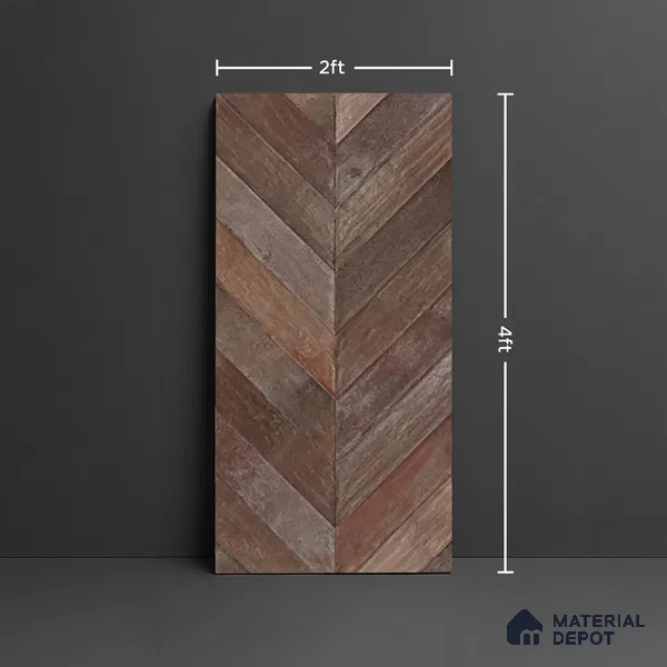 Brown Wood Floor & Wall Tile TL 10309 F Chevron Wave Tobacco 4 ft x 2 ft Vitrified Carving Matte Finish - 9 mm