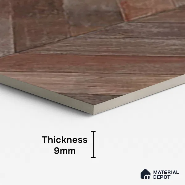 Brown Wood Floor & Wall Tile TL 10309 F Chevron Wave Tobacco 4 ft x 2 ft Vitrified Carving Matte Finish - 9 mm