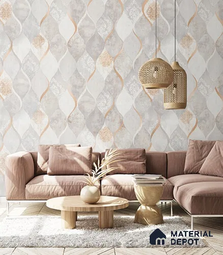 10253-2 | Beige & Pink Ogee Wave Floral Damask PVC Patterned Wallpaper - 5.18 Meter x 42 Inch, 59.5 Sq. Ft. (Min. 15% Wastage)