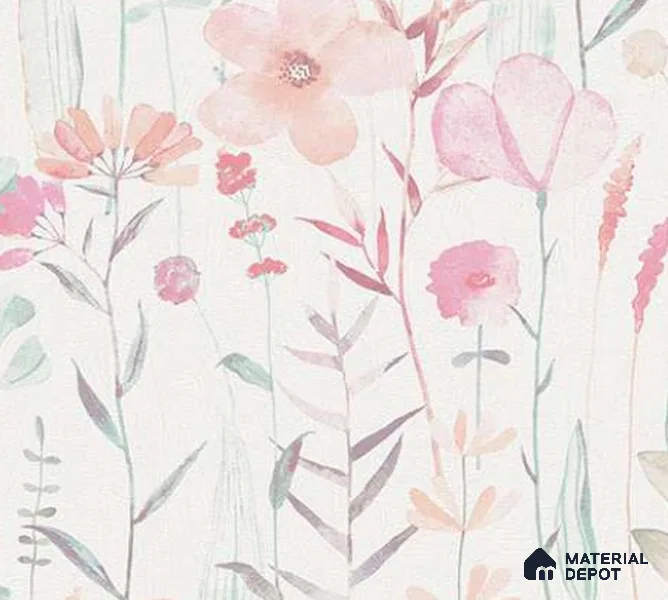 88112 | White Pink Watercolor Meadow PVC Floral Wallpaper - 10 Meter x 21 Inch, 57 Sq. Ft. (Min. 15% Wastage)