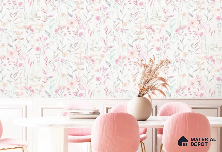 88112 | White Pink Watercolor Meadow PVC Floral Wallpaper - 10 Meter x 21 Inch, 57 Sq. Ft. (Min. 15% Wastage)