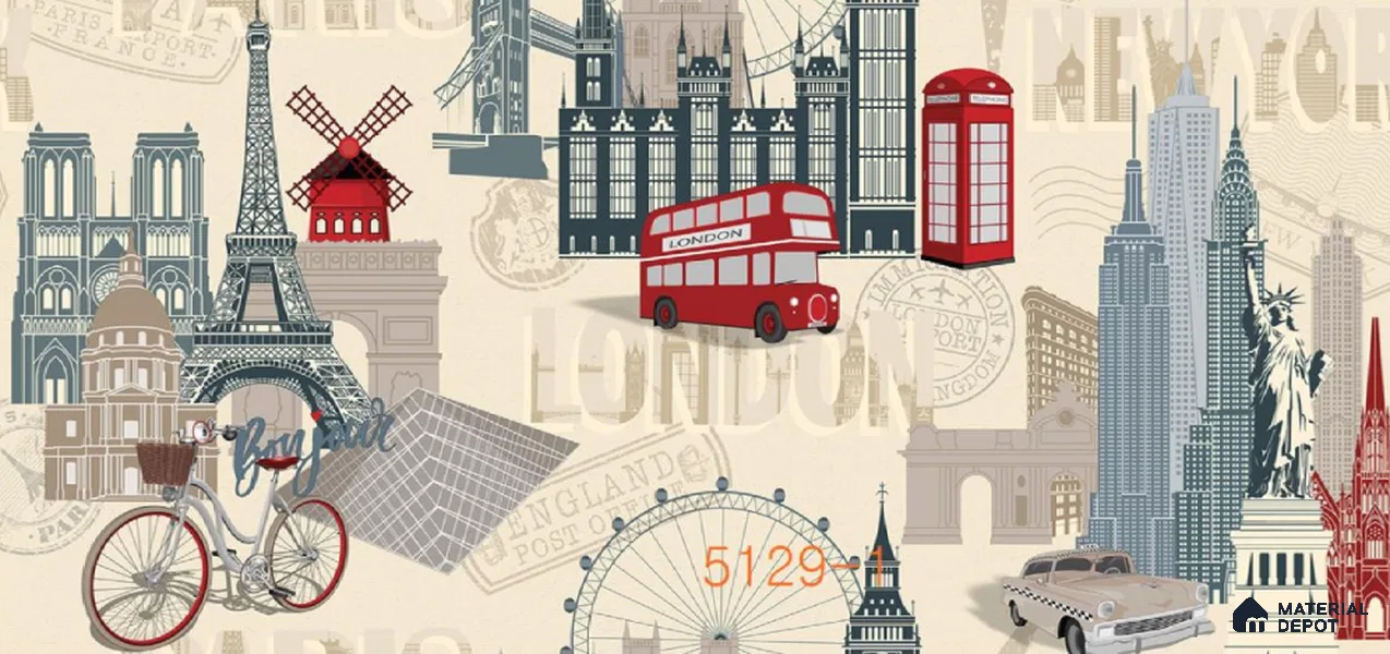 5129-1 | London City Icons Border PVC Patterned Wallpaper - 5 Meter x 42 Inch, 57 Sq. Ft. (Min. 15% Wastage)