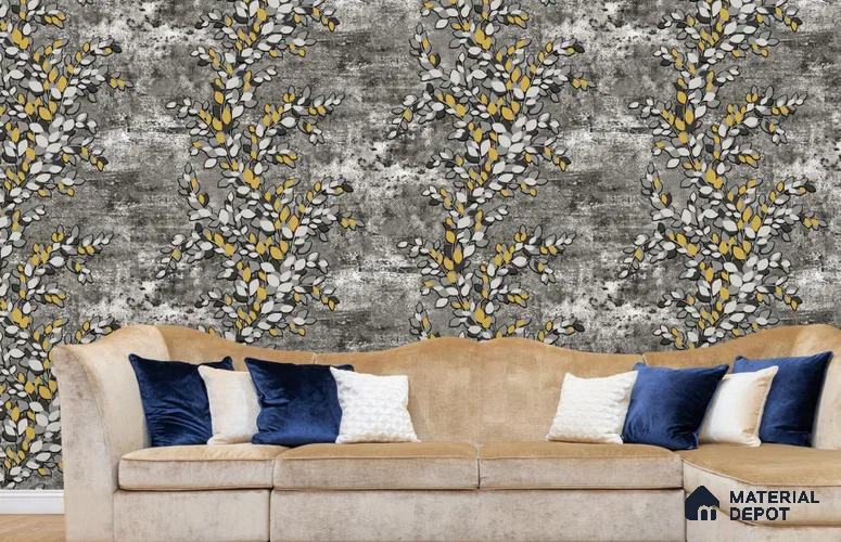RG7049 | Charcoal Mustard Leaf Branch PVC Floral Wallpaper - 10 Meter x 20.86 Inches, 56.94 Sq. Ft. (Min. 15% Wastage)