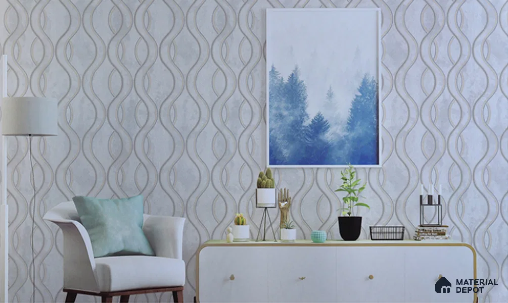6051 | Silver Grey Wavy Ribbon Ogee Patterned Wallpaper - 10 Meter x 21 Inches, 57.05 Sq. Ft. (Min. 15% Wastage)