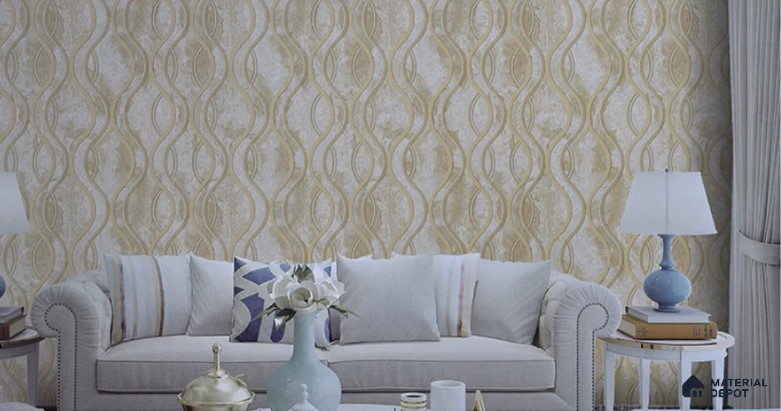 6052 | Beige & Gold Wavy Vertical Lines Patterned Wallpaper - 10 Meter x 21 Inches, 57.05 Sq. Ft. (Min. 15% Wastage)