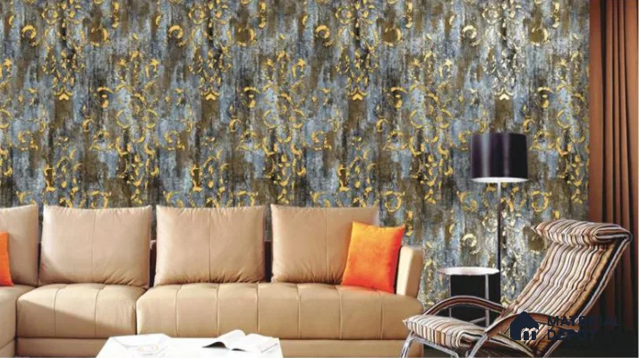 H4D99908 | Blue & Gold Scroll Damask Patterned Wallpaper - 10 Meter x 21 Inches, 57.05 Sq. Ft. (Min. 15% Wastage)