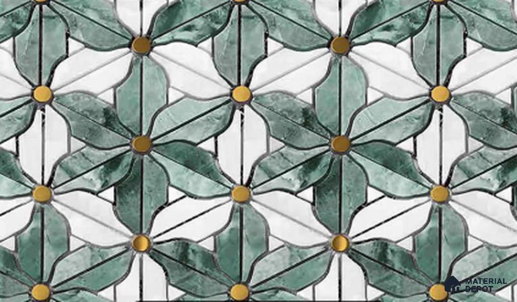 FE501-1 | Teal & White Floral Tile Mosaic PVC Patterned Wallpaper - 10 Meter x 21 Inch, 57 Sq. Ft. (Min. 15% Wastage)