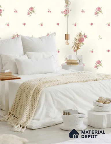 81133-3 | Cream Rosebud Sprigs PVC Floral Wallpaper - 5 Meter x 42 Inch, 57 Sq. Ft. (Min. 15% Wastage)
