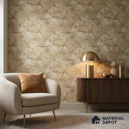 88302 | Gold Stone Tile Geometric Wallpaper - 5 Meter x 42 Inches, 57.41 Sq. Ft. (Min. 15% Wastage)