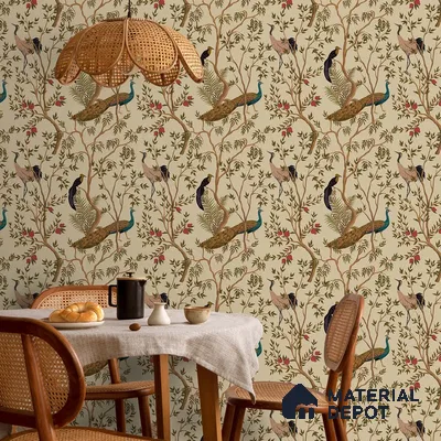 Chinoiserie Theme Wallpaper with Peacock, Khaki 10 Meter x 19.68 Inches Canvas Wallpaper - 54 Sq. Ft. | Minimum 15% wastage during installation