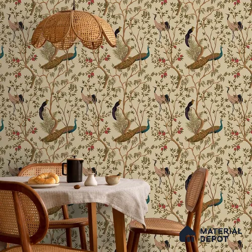 Chinoiserie Theme Wallpaper with Peacock, Khaki 10 Meter x 19.68 Inches Soft Feel Wallpaper - 54 Sq. Ft. | Minimum 15% wastage during installation