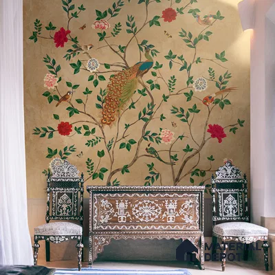 Pakhi Beige Chinoiserie Design Canvas (Customised Size Wallpaper )