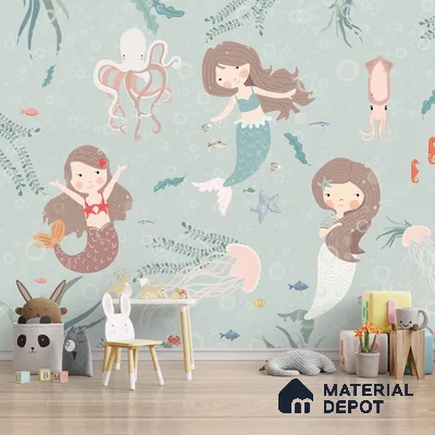 Cute Mermaids Wall Mural for Kids Room Canvas (Customised Wallpaper)