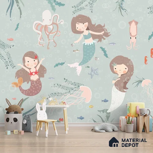 Cute Mermaids Wall Mural for Kids Room Soft Feel (Customised Wallpaper)