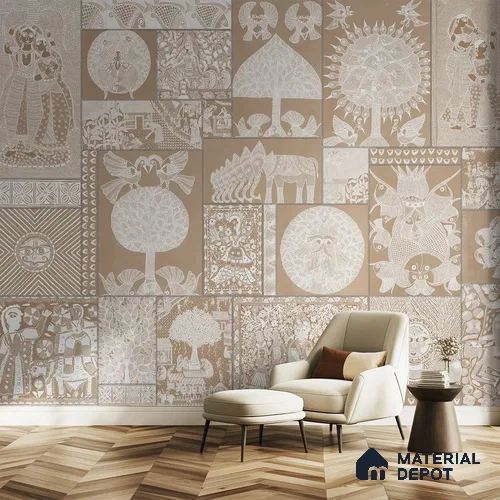Geet Madhubani Canvas Clay Beige Color (Customised Wallpaper)