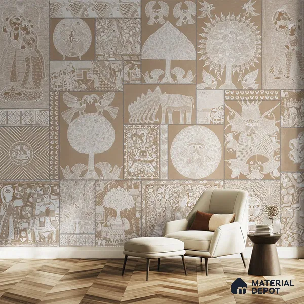 Geet Madhubani Canvas Clay Beige Color (Customised Wallpaper)
