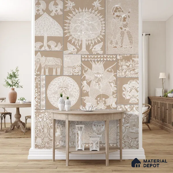 Geet Madhubani Canvas Clay Beige Color (Customised Wallpaper)