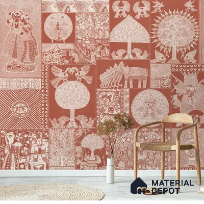 Geet Madhubani Handmade Wallpaper, Terracotta Red (Customised Wallpaper)